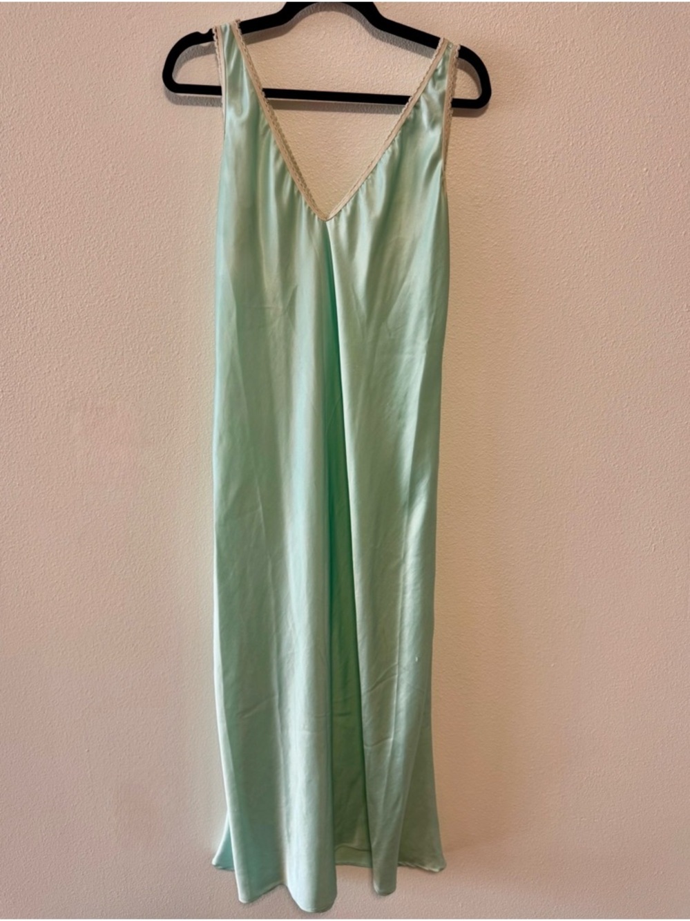 Long Satin Slip Dress in Mint Green with Lace Trim large